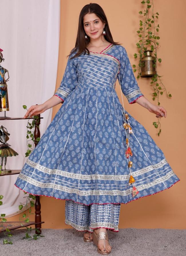 Pure Cotton Blue Traditional Wear Printed Readymade Anarkali Suit